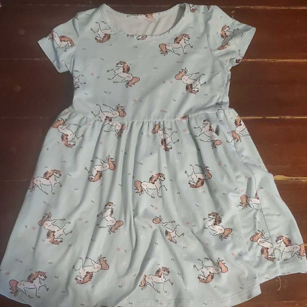 Girls' Light Blue Unicorn Horse Print Dress
